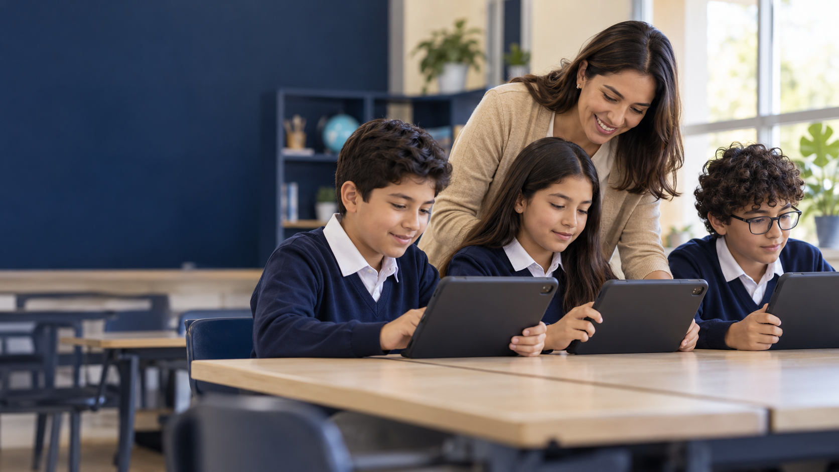 Escena ilustrativa de una docente acompañando a estudiantes con tablets